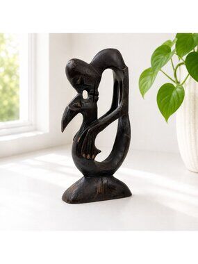 Vintage Hand-Carved Abstract Embracing Kissing Couple Wood Sculpture Mid-Century